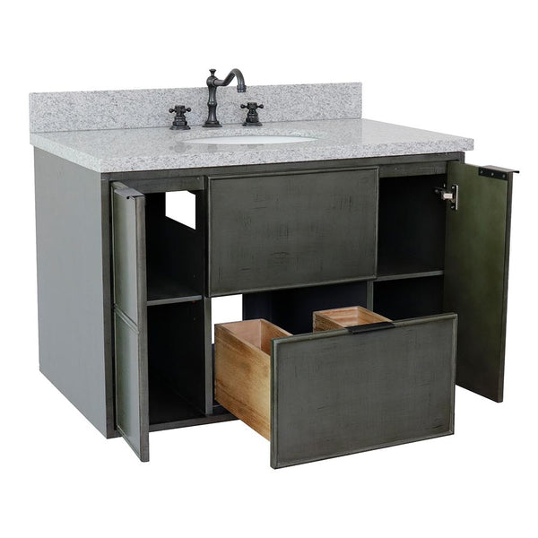 37" Single Wall Mount Vanity In Linen Gray Finish Top With Gray Granite And Oval Sink - Luxe Bathroom Vanities