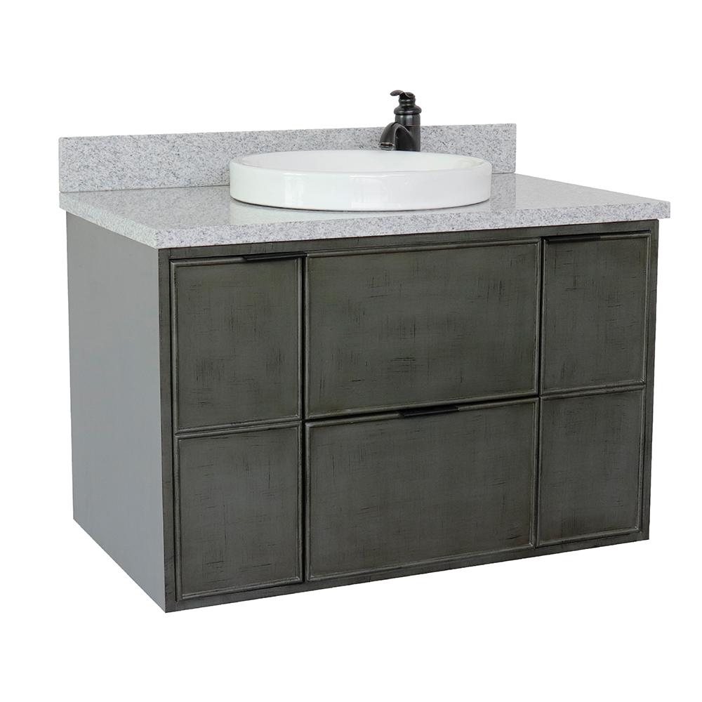 37" Single Wall Mount Vanity In Linen Gray Finish Top With Gray Granite And Round Sink - Luxe Bathroom Vanities