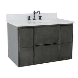 37" Single Wall Mount Vanity In Linen Gray Finish Top With White Quartz And Oval Sink - Luxe Bathroom Vanities