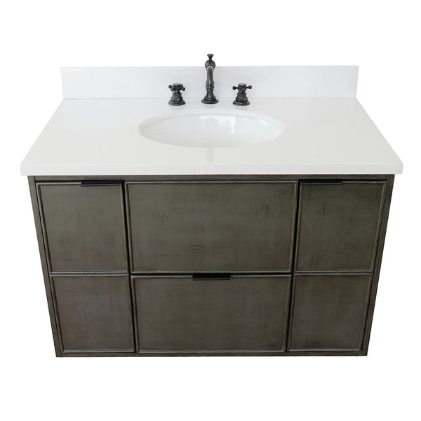 37" Single Wall Mount Vanity In Linen Gray Finish Top With White Quartz And Oval Sink - Luxe Bathroom Vanities