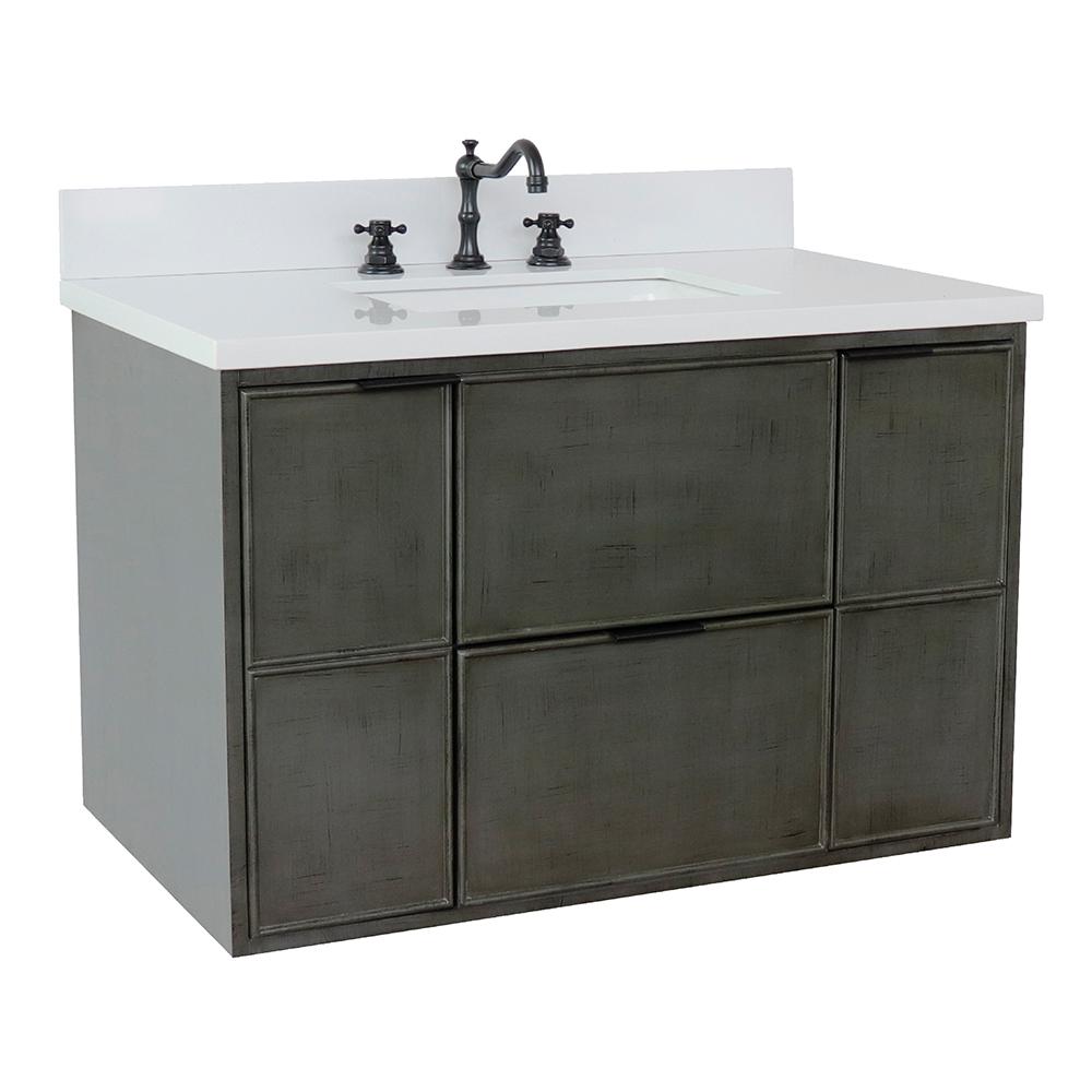 37" Single Vanity In Linen Gray Finish Top With White Quartz And Rectangle Sink - Luxe Bathroom Vanities
