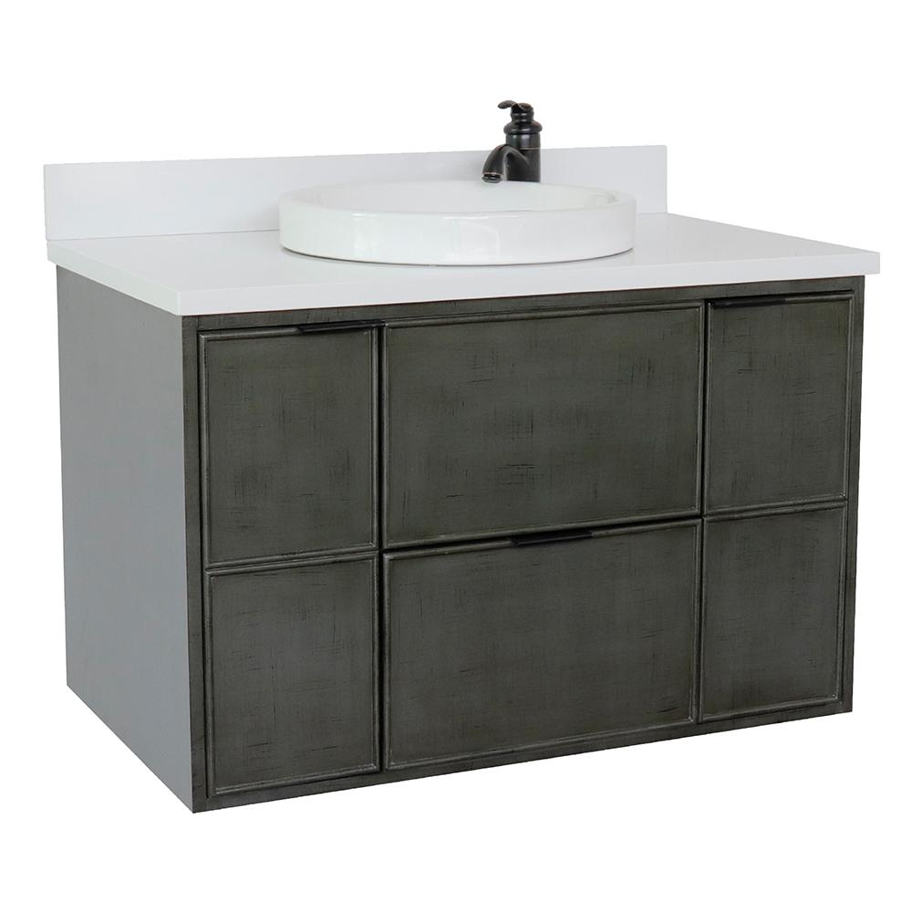 37" Single Wall Mount Vanity In Linen Gray Finish Top With White Quartz And Round Sink - Luxe Bathroom Vanities