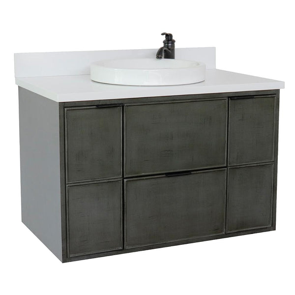 37" Single Wall Mount Vanity In Linen Gray Finish Top With White Quartz And Round Sink - Luxe Bathroom Vanities