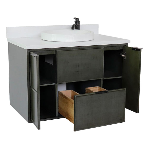 37" Single Wall Mount Vanity In Linen Gray Finish Top With White Quartz And Round Sink - Luxe Bathroom Vanities