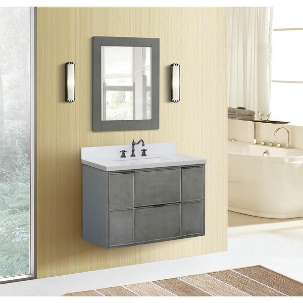 37" Single Wall Mount Vanity In Linen Gray Finish Top With White Quartz And Rectangle Sink - Luxe Bathroom Vanities