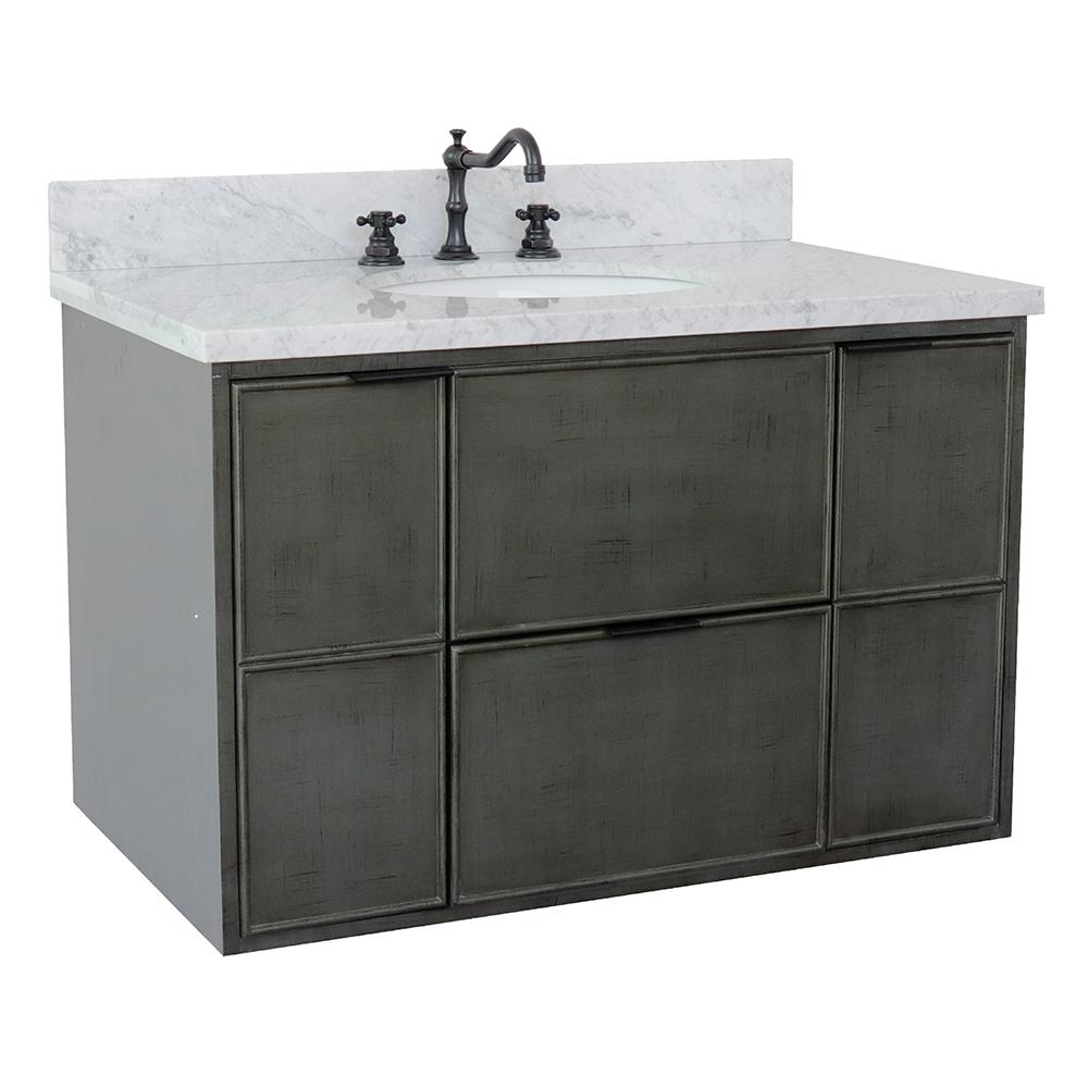 37" Single Wall Mount Vanity In Linen Gray Finish Top With White Carrara And Oval Sink - Luxe Bathroom Vanities