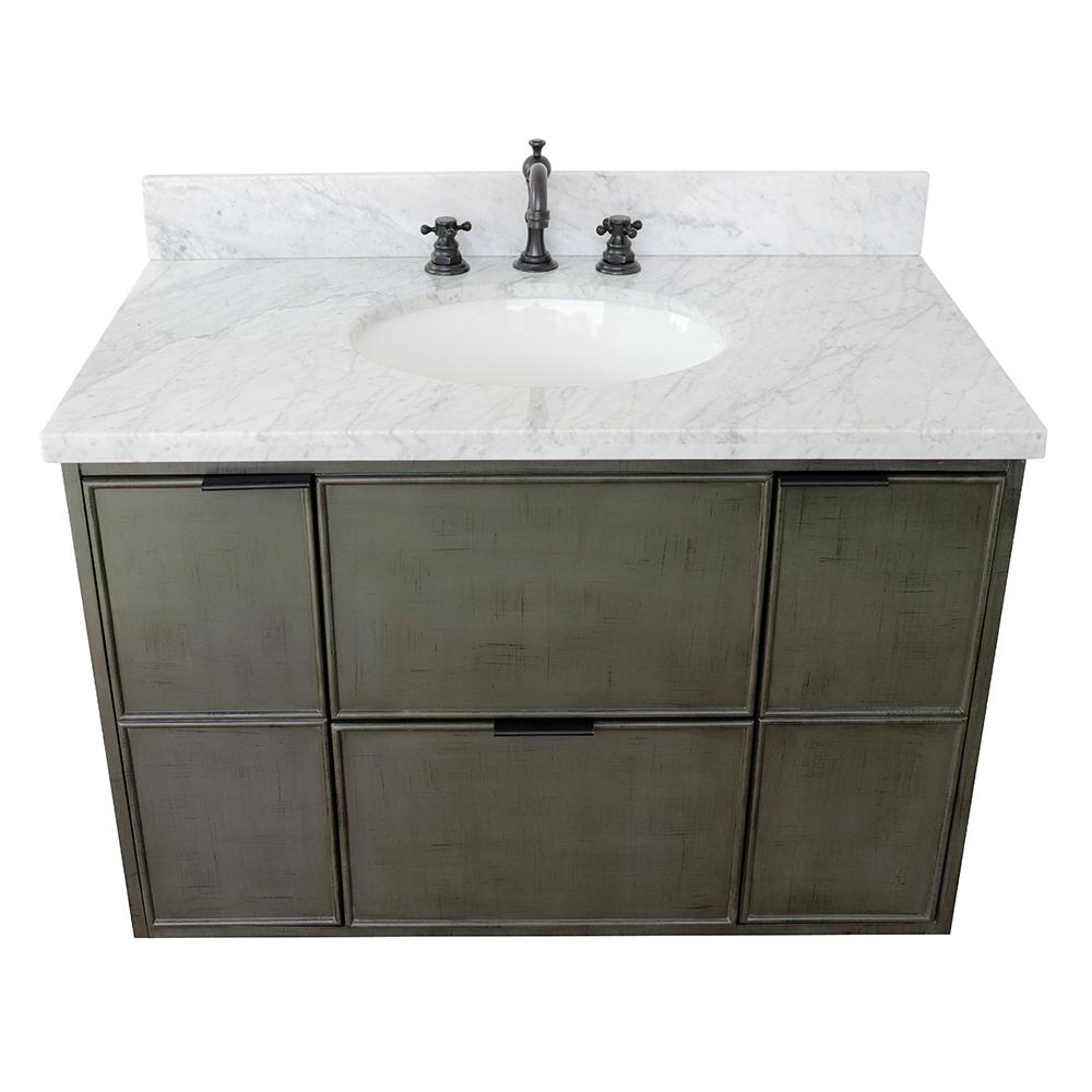 37" Single Wall Mount Vanity In Linen Gray Finish Top With White Carrara And Oval Sink - Luxe Bathroom Vanities