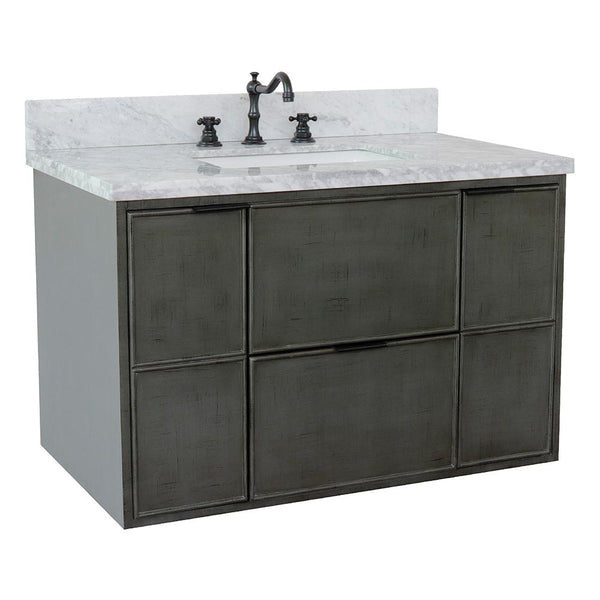 37" Single Wall Mount Vanity In Linen Gray Finish Top With White Carrara And Rectangle Sink - Luxe Bathroom Vanities