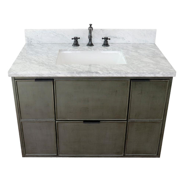 37" Single Wall Mount Vanity In Linen Gray Finish Top With White Carrara And Rectangle Sink - Luxe Bathroom Vanities