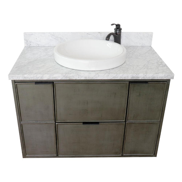 37" Single Wall Mount Vanity In Linen Gray Finish Top With White Carrara And Round Sink - Luxe Bathroom Vanities