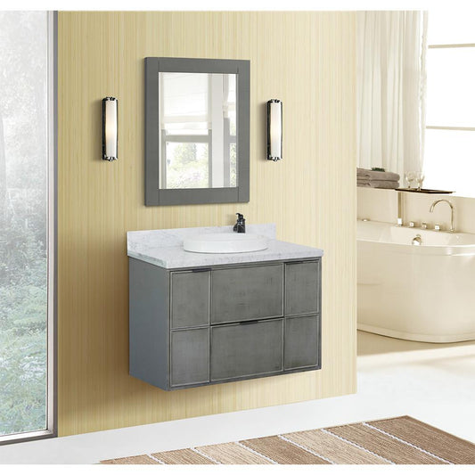 37" Single Wall Mount Vanity In Linen Gray Finish Top With White Carrara And Round Sink - Luxe Bathroom Vanities