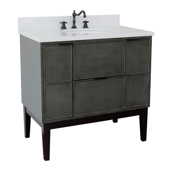 37" Single Vanity In Linen Gray Finish Top With White Quartz And Oval Sink - Luxe Bathroom Vanities