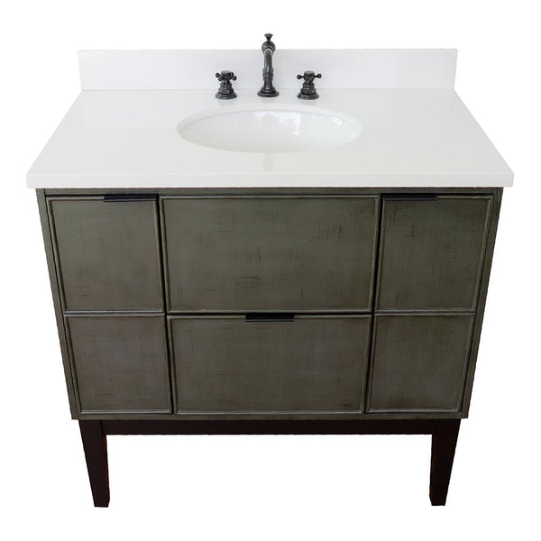 37" Single Vanity In Linen Gray Finish Top With White Quartz And Oval Sink - Luxe Bathroom Vanities