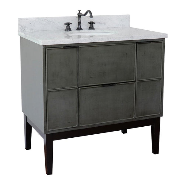 37" Single Vanity In Linen Gray Finish Top With White Carrara And Oval Sink - Luxe Bathroom Vanities