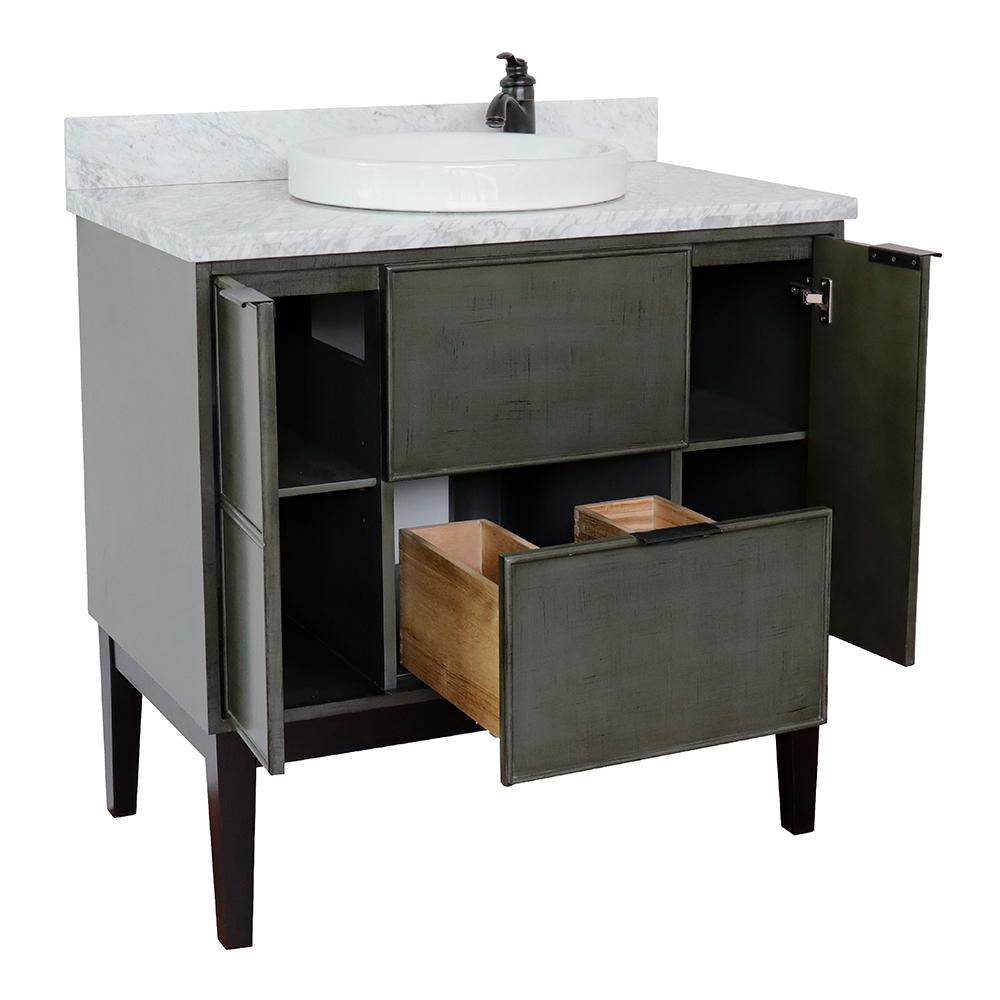 37" Single Vanity In Linen Gray Finish Top With White Carrara And Round Sink - Luxe Bathroom Vanities