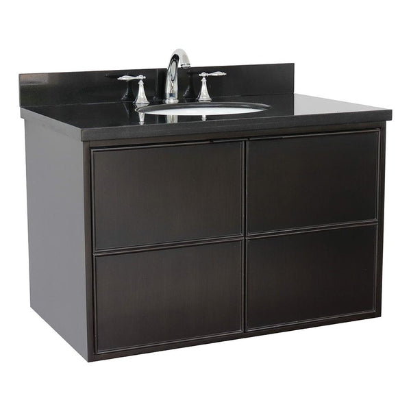 37" Single Wall Mount Vanity In Cappuccino Finish Top With Black Galaxy And Oval Sink - Luxe Bathroom Vanities