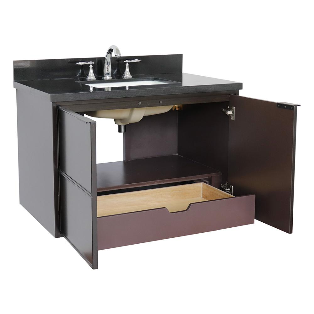 37" Single Wall Mount Vanity In Cappuccino Finish Top With Black Galaxy And Rectangle Sink - Luxe Bathroom Vanities