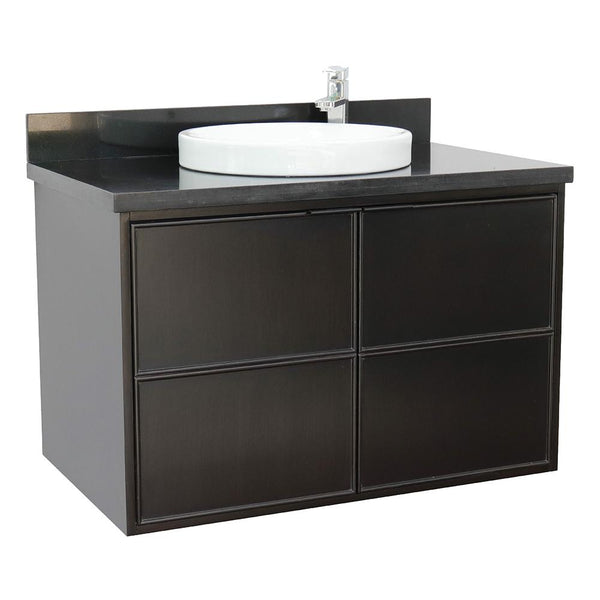 37" Single Wall Mount Vanity In Cappuccino Finish Top With Black Galaxy And Round Sink - Luxe Bathroom Vanities