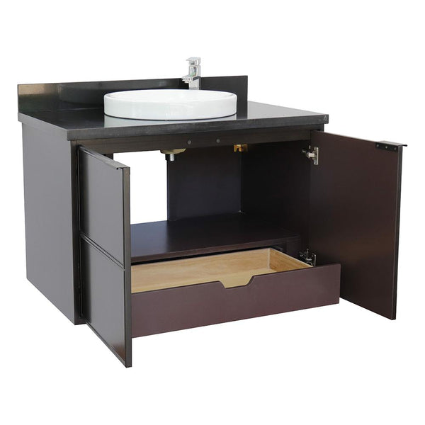 37" Single Wall Mount Vanity In Cappuccino Finish Top With Black Galaxy And Round Sink - Luxe Bathroom Vanities