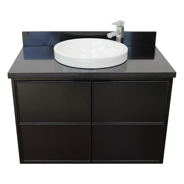 37" Single Wall Mount Vanity In Cappuccino Finish Top With Black Galaxy And Round Sink - Luxe Bathroom Vanities