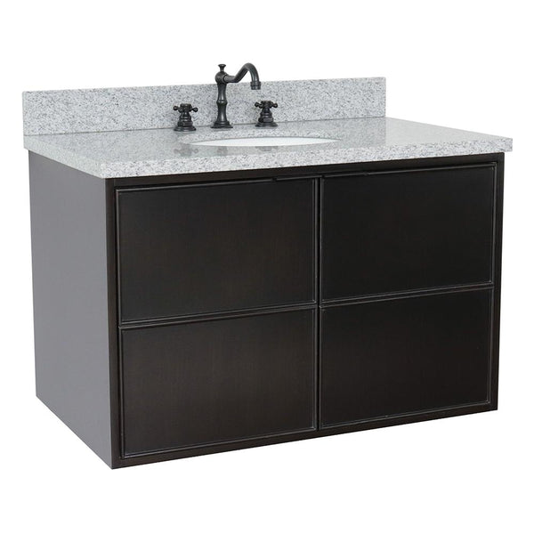 37" Single Wall Mount Vanity In Cappuccino Finish Top With Gray Granite And Oval Sink - Luxe Bathroom Vanities