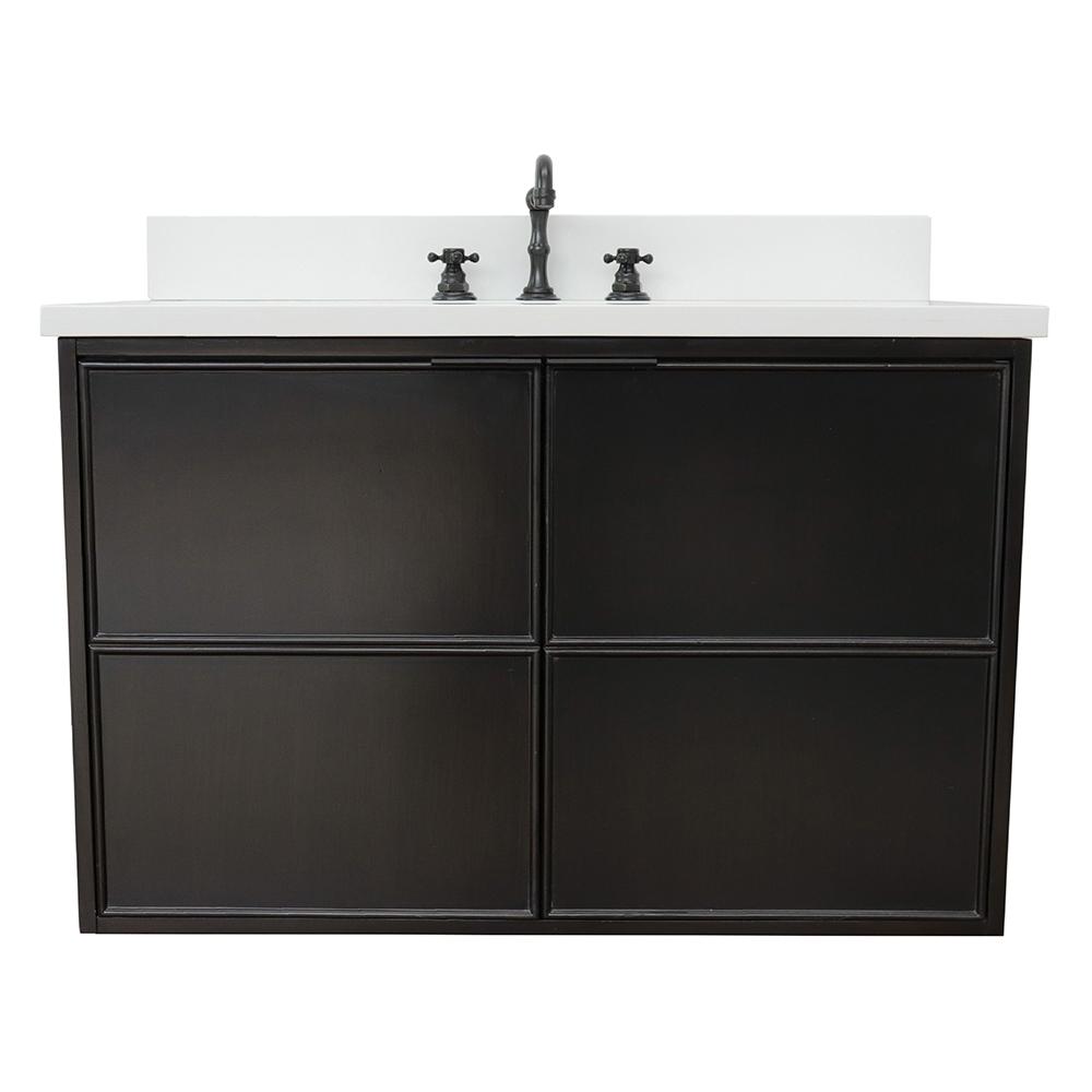 37" Single Wall Mount Vanity In Cappuccino Finish Top With White Quartz And Oval Sink - Luxe Bathroom Vanities