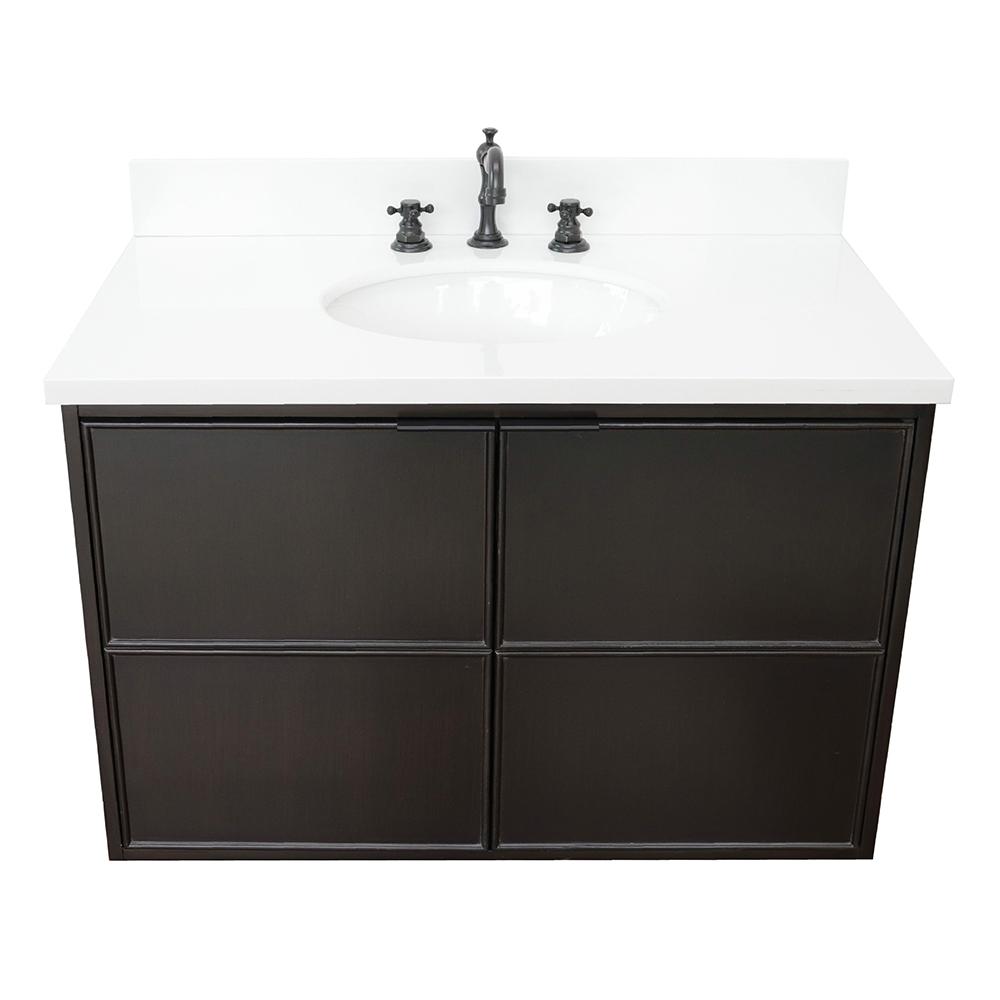 37" Single Wall Mount Vanity In Cappuccino Finish Top With White Quartz And Oval Sink - Luxe Bathroom Vanities