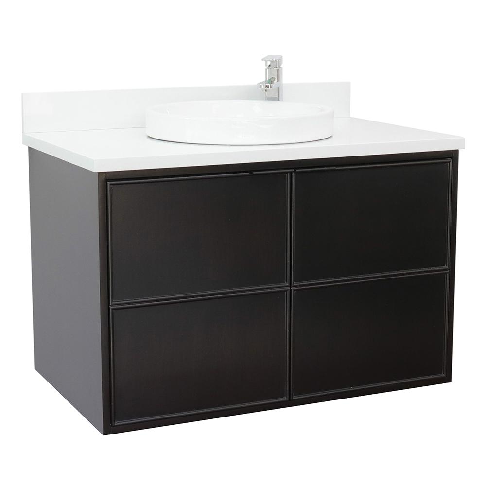 37" Single Wall Mount Vanity In Cappuccino Finish Top With White Quartz And Round Sink - Luxe Bathroom Vanities