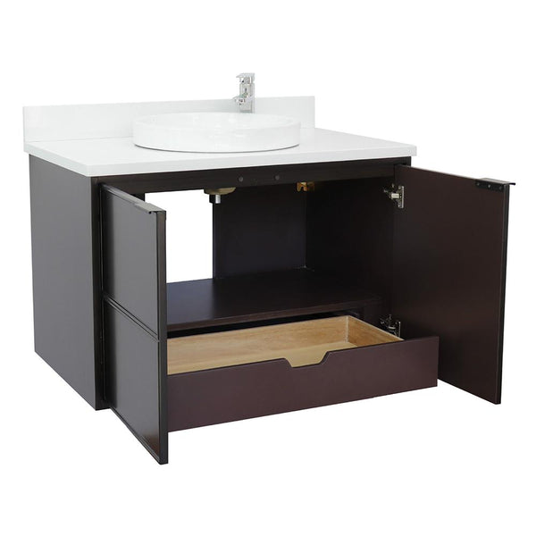 37" Single Wall Mount Vanity In Cappuccino Finish Top With White Quartz And Round Sink - Luxe Bathroom Vanities