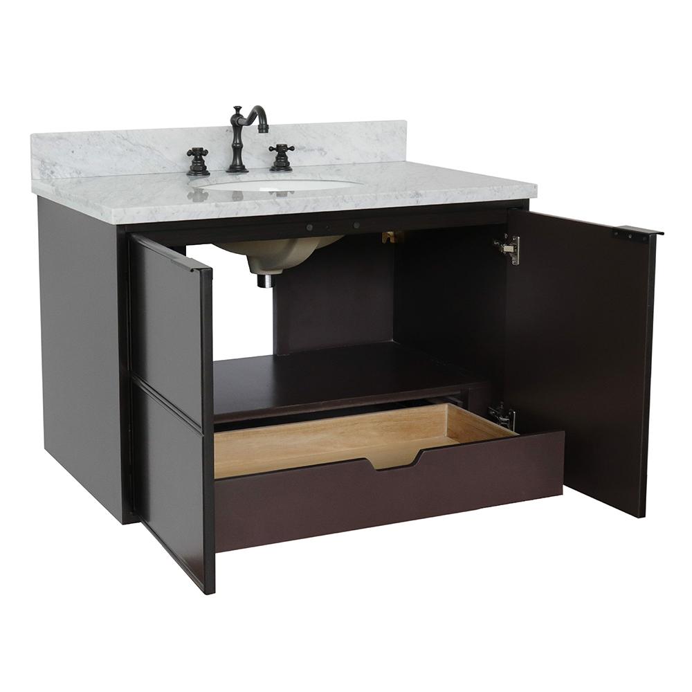 37" Single Wall Mount Vanity In Cappuccino Finish Top With White Carrara And Oval Sink - Luxe Bathroom Vanities