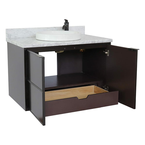 37" Single Wall Mount Vanity In Cappuccino Finish Top With White Carrara And Round Sink - Luxe Bathroom Vanities