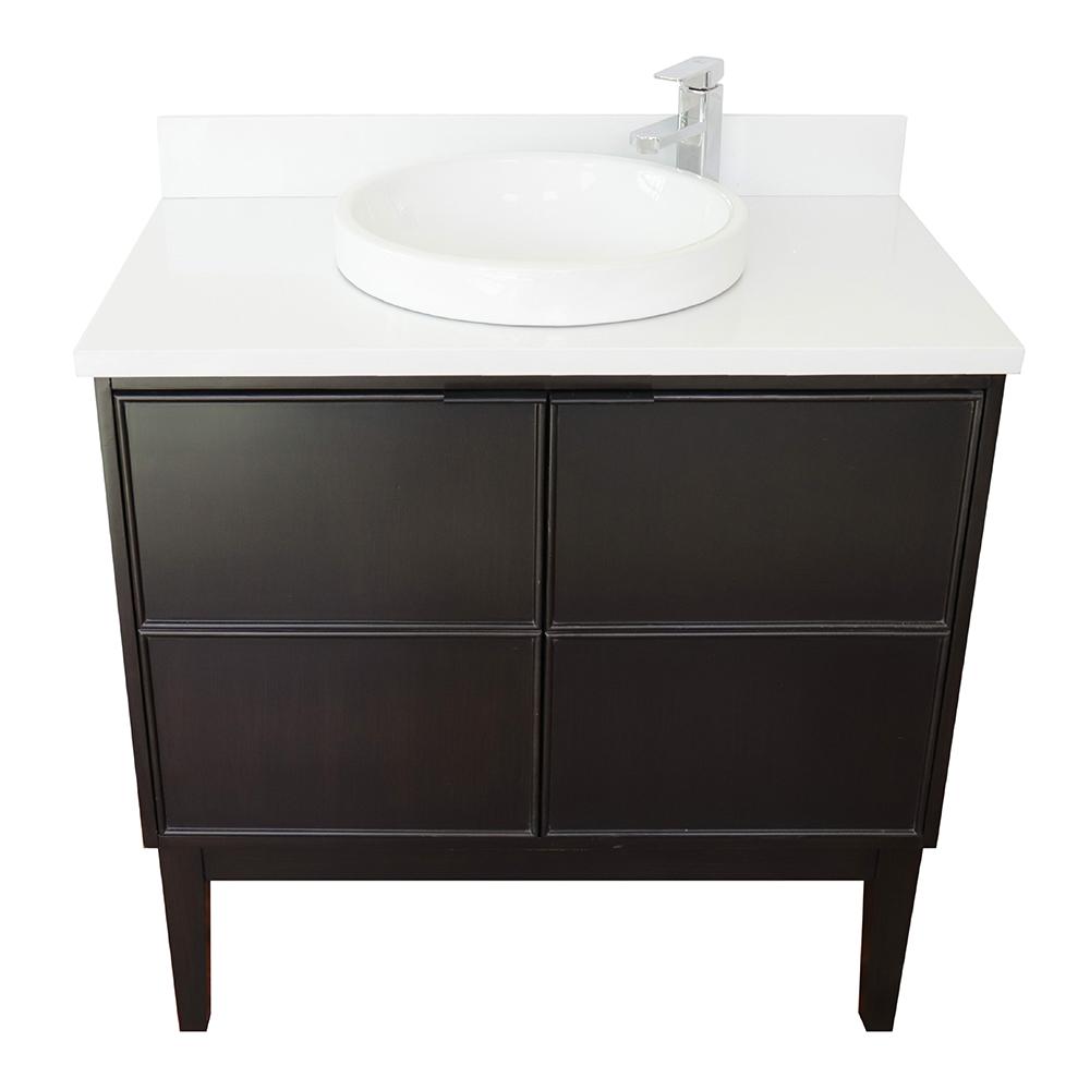 37" Single Vanity In Cappuccino Finish Top With White Quartz And Round Sink - Luxe Bathroom Vanities