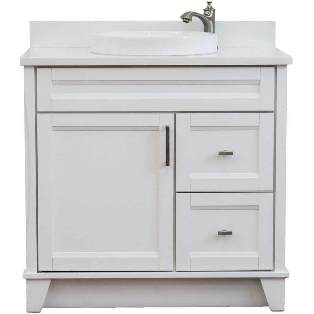 Bellaterra Home 37" Single sink vanity in White finish with White carrara marble and Left door/Round Center sink - Luxe Bathroom Vanities