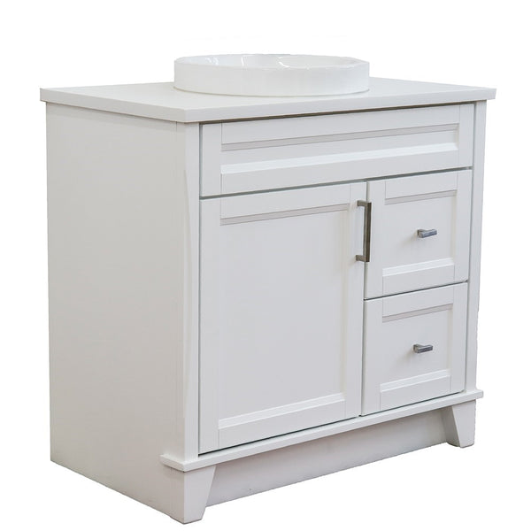 Bellaterra Home 37" Single sink vanity in White finish with White carrara marble and Left door/Round Center sink - Luxe Bathroom Vanities