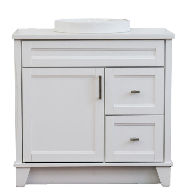 Bellaterra Home 37" Single sink vanity in White finish with White carrara marble and Left door/Round Center sink - Luxe Bathroom Vanities