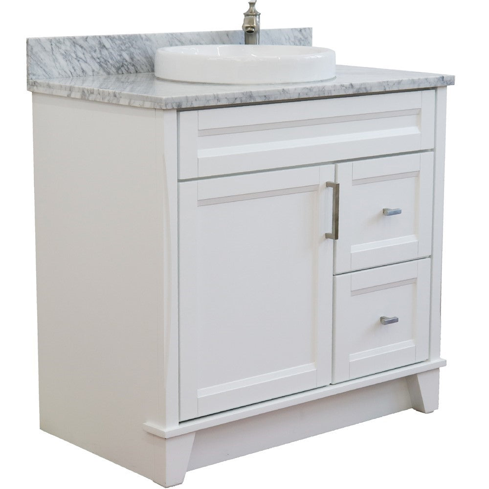 Bellaterra Home 37" Single sink vanity in White finish with White carrara marble and Left door/Round Center sink - Luxe Bathroom Vanities