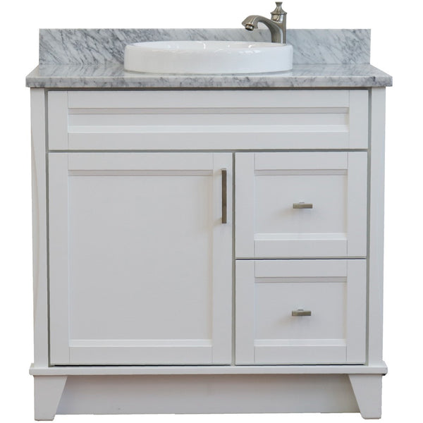 Bellaterra Home 37" Single sink vanity in White finish with White carrara marble and Left door/Round Center sink - Luxe Bathroom Vanities