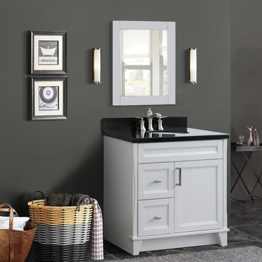 Bellaterra Home 37" Single sink vanity in White finish with Black galaxy granite and CENTER oval sink- RIGHT drawers - Luxe Bathroom Vanities