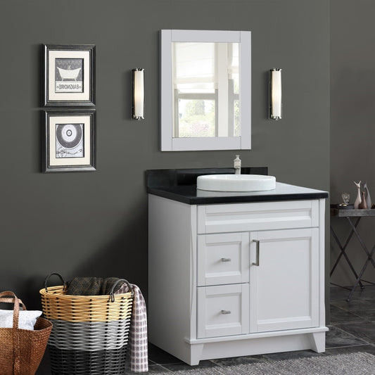 Bellaterra Home 37" Single sink vanity in White finish with Black galaxy granite and CENTER round sink- RIGHT drawers - Luxe Bathroom Vanities