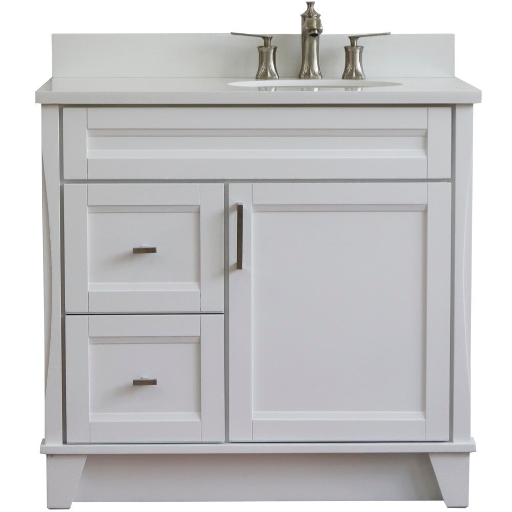 Bellaterra Home 37" Single sink vanity in White finish with Black galaxy granite and LEFT oval sink- RIGHT drawers - Luxe Bathroom Vanities