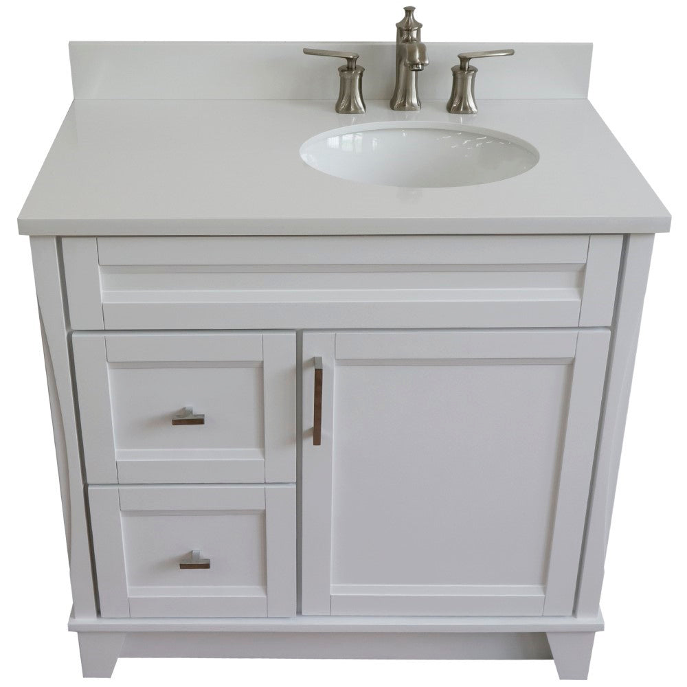 Bellaterra Home 37" Single sink vanity in White finish with Black galaxy granite and LEFT oval sink- RIGHT drawers - Luxe Bathroom Vanities