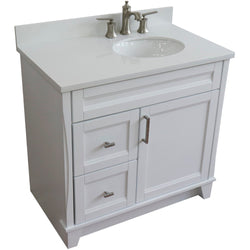 Bellaterra Home 37" Single sink vanity in White finish with Black galaxy granite and LEFT oval sink- RIGHT drawers - Luxe Bathroom Vanities