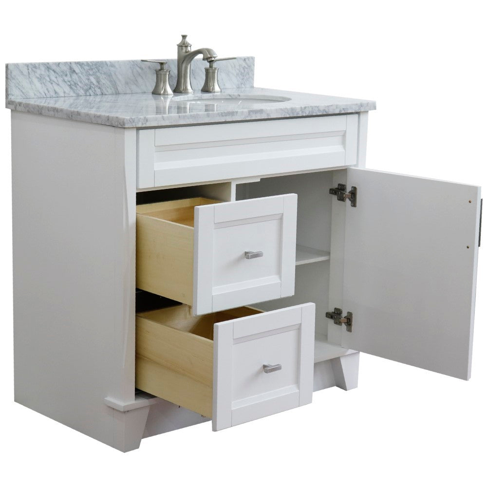 Bellaterra Home 37" Single sink vanity in White finish with Black galaxy granite and LEFT oval sink- RIGHT drawers - Luxe Bathroom Vanities