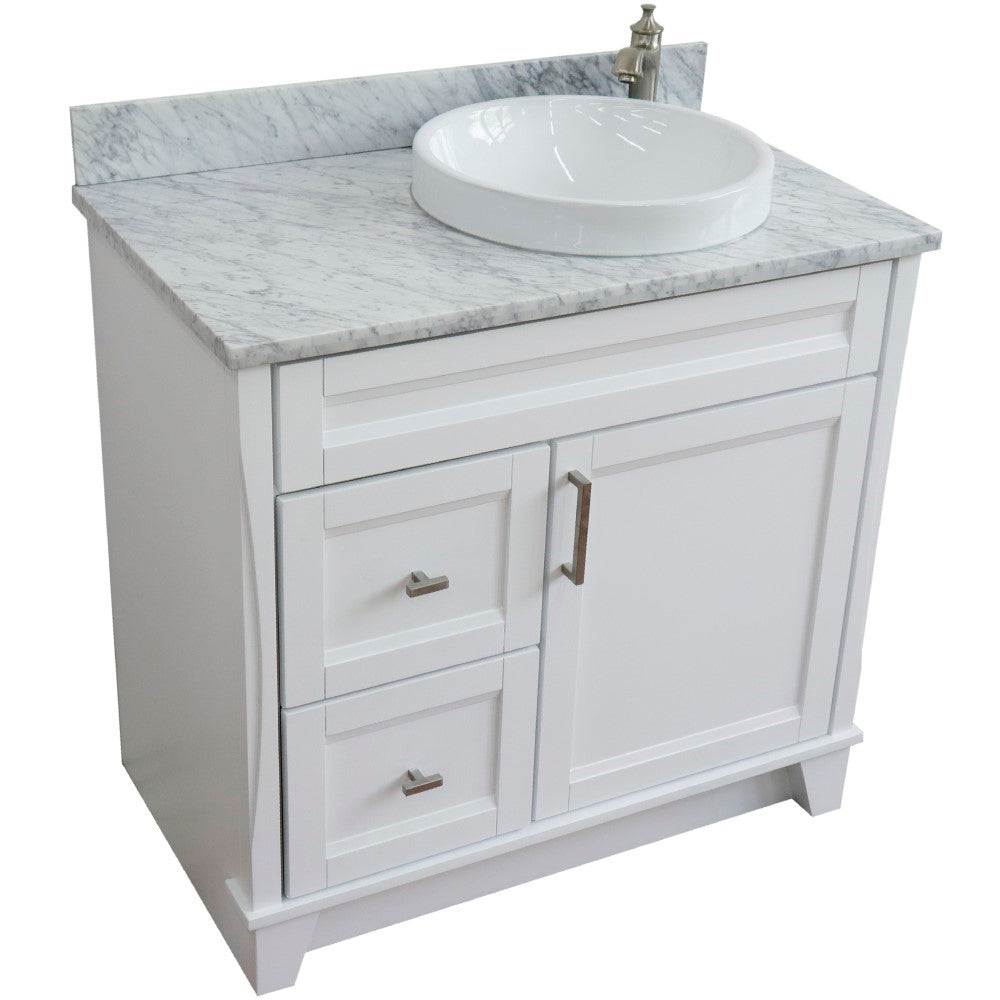 Bellaterra Home 37" Single sink vanity in White finish with Black galaxy granite and LEFT round sink- RIGHT drawers - Luxe Bathroom Vanities
