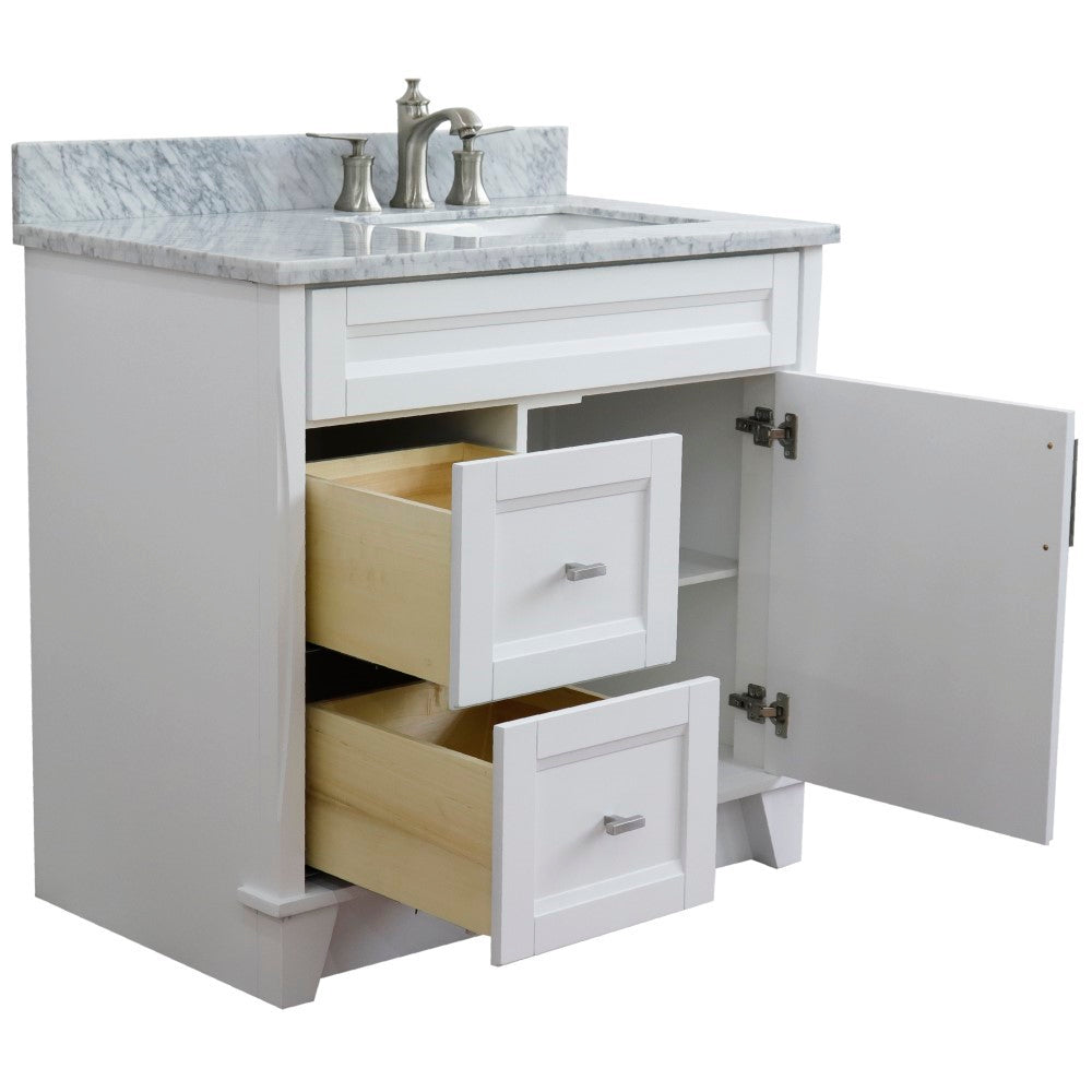 Bellaterra Home 37" Single sink vanity in White finish with Black galaxy granite and LEFT rectangle sink- RIGHT drawers - Luxe Bathroom Vanities