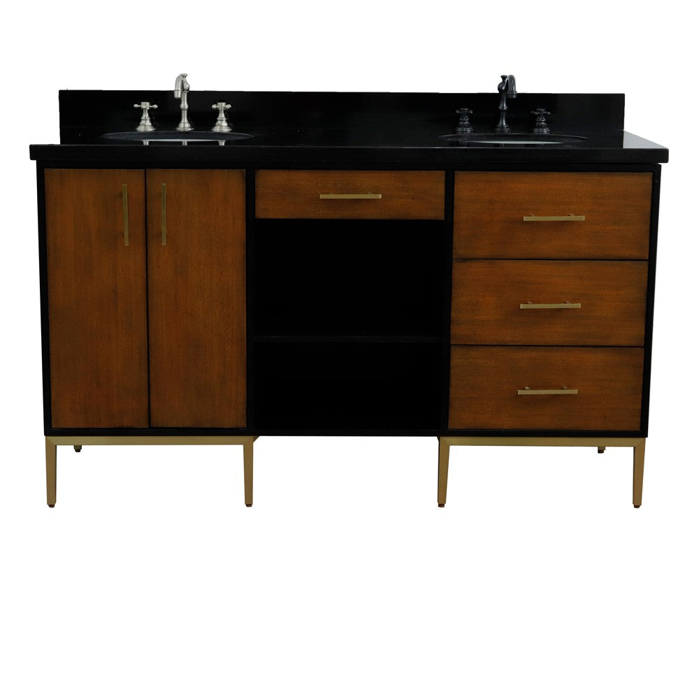 Bellaterra Home 61" Double sink vanity in Walnut and Black finish and Black galaxy granite and oval sink - Luxe Bathroom Vanities