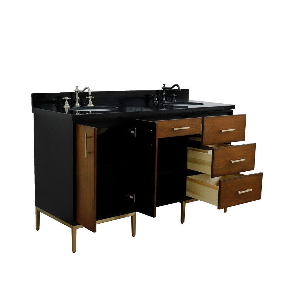 Bellaterra Home 61" Double sink vanity in Walnut and Black finish and Black galaxy granite and oval sink - Luxe Bathroom Vanities