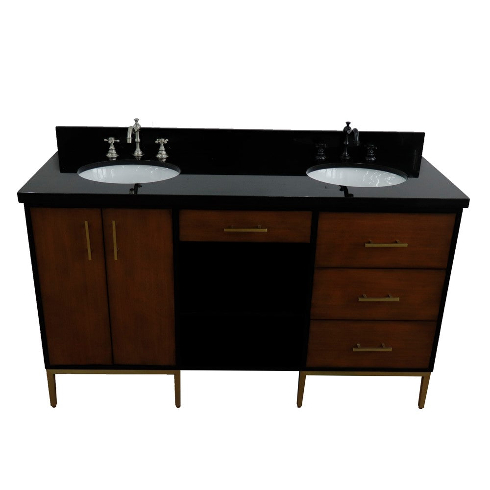 Bellaterra Home 61" Double sink vanity in Walnut and Black finish and Black galaxy granite and oval sink - Luxe Bathroom Vanities