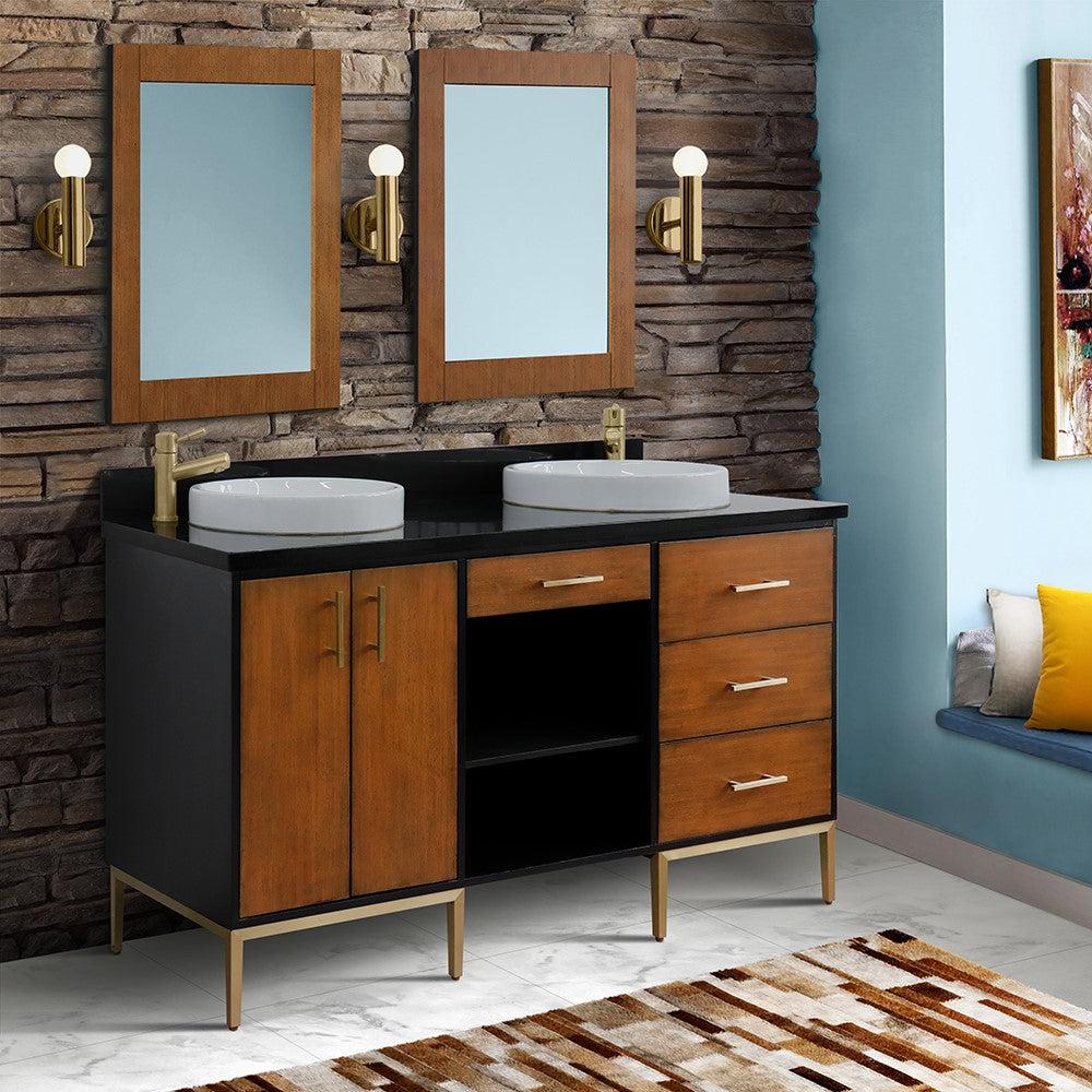 Bellaterra Home 61" Double sink vanity in Walnut and Black finish and Black galaxy granite and round sink - Luxe Bathroom Vanities