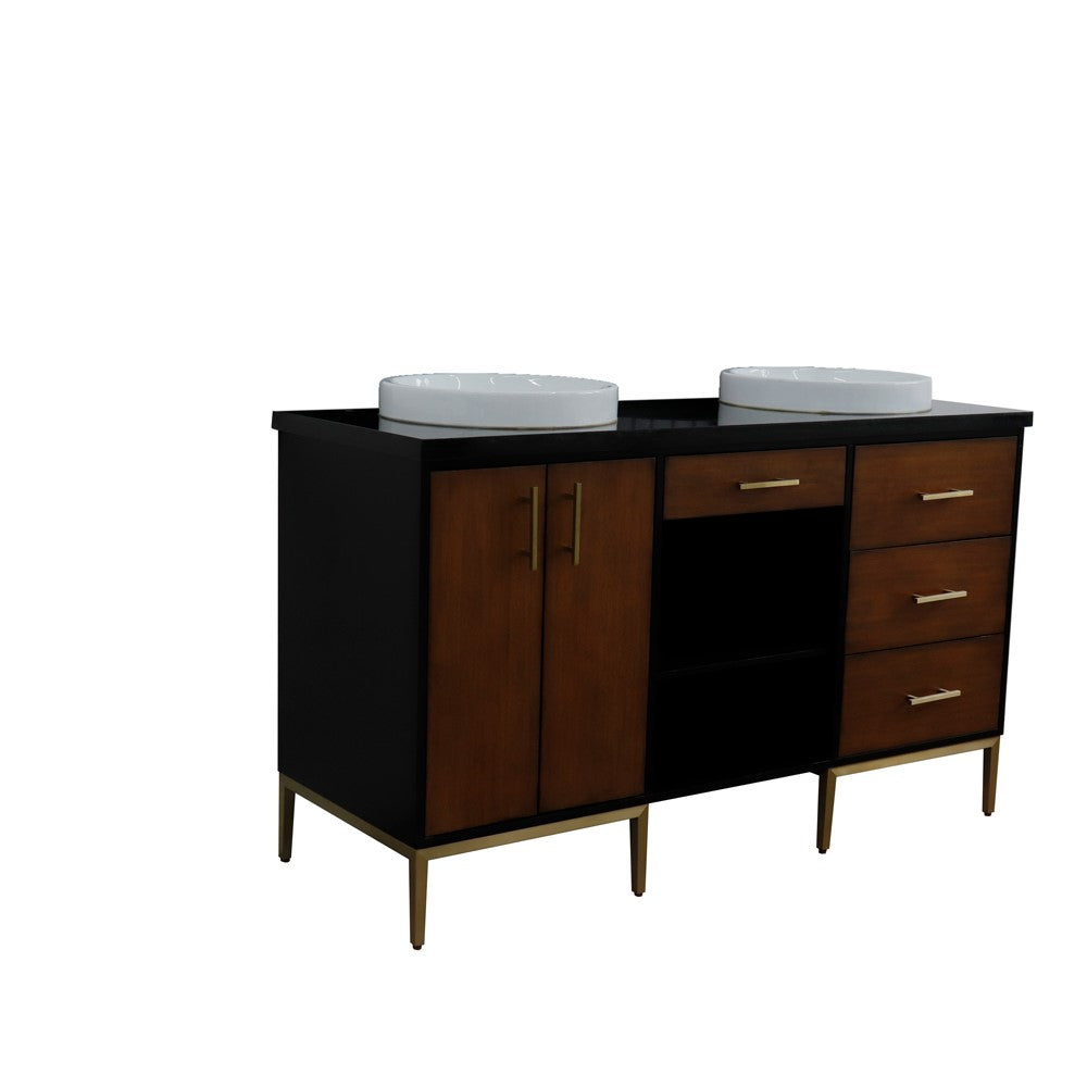 Bellaterra Home 61" Double sink vanity in Walnut and Black finish and Black galaxy granite and round sink - Luxe Bathroom Vanities